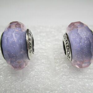 2 Pieces Fascinating Purple Shimmer Lavender Pandora Murano Glass Charm March